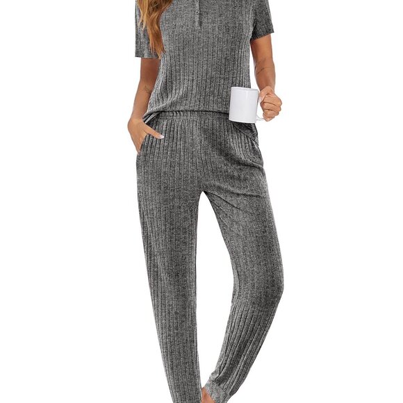 Rib Knit Lounge Set Joggers Short Sleeve Pajamas with Pockets